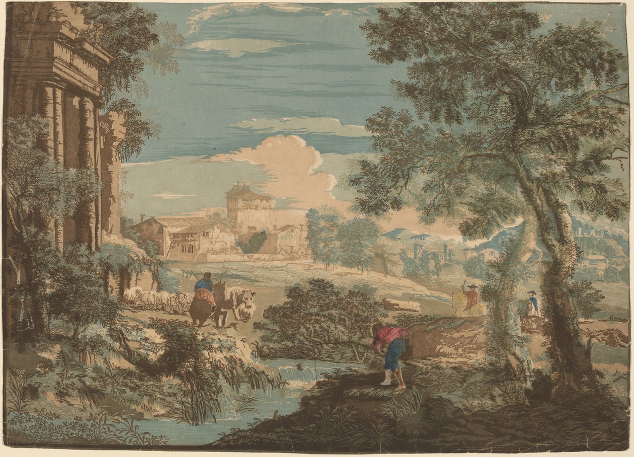Heroiczny krajobraz z rybakiem, krowami i jeźdźcami autorstwa John Baptist Jackson after Marco Ricci