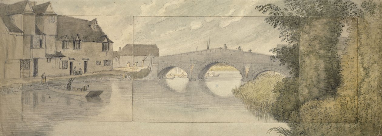Hythe Bridge, Oxford, 1789 (akwarela na graficie na trzech arkuszach papieru naklejona na większy arkusz) autorstwa John Baptist Malchair