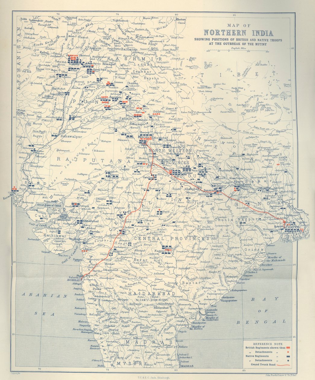 Mapa północnych Indii, 1901. autorstwa John Bartholomew