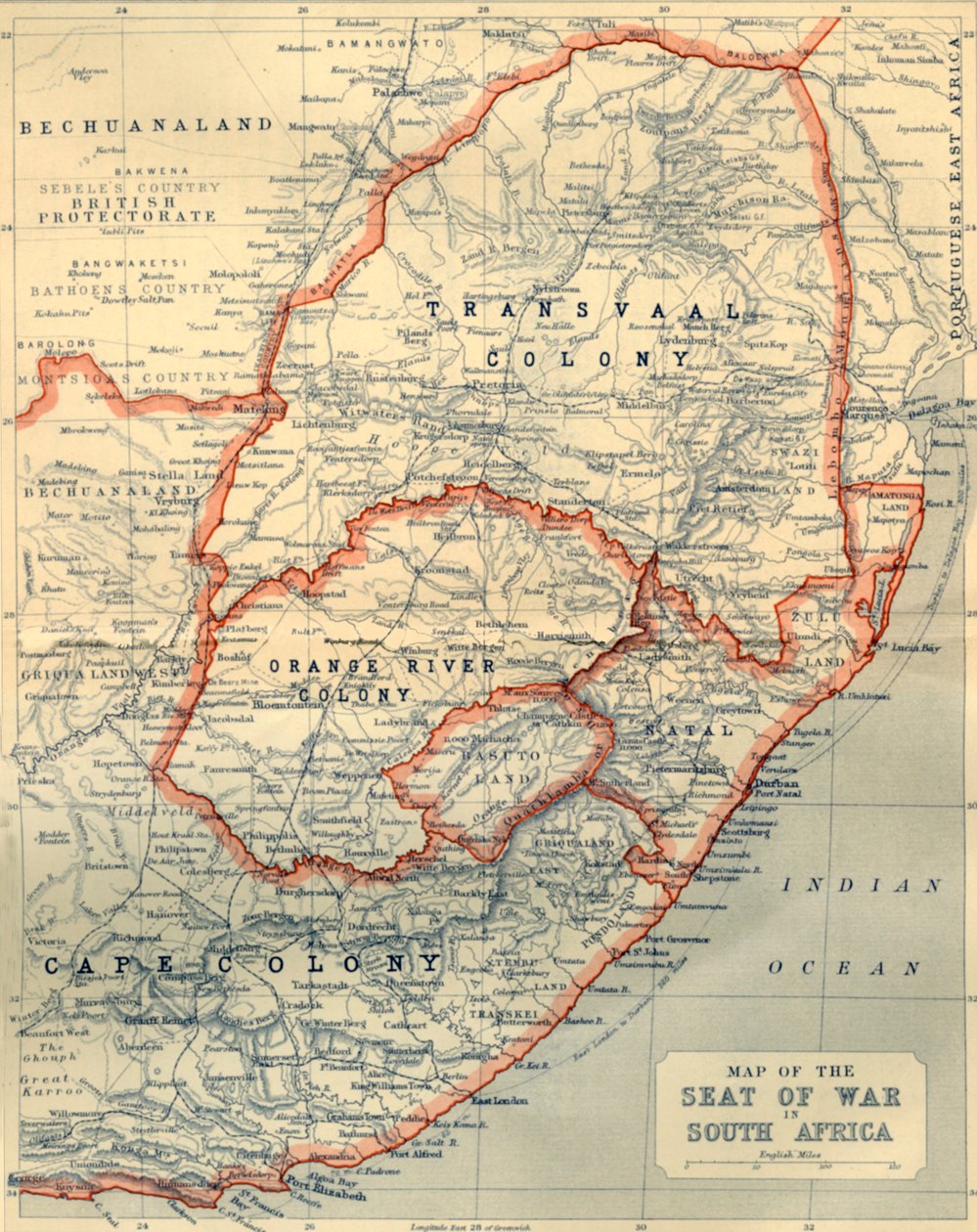 Mapa miejsca wojny w Afryce Południowej, 1901. autorstwa John Bartholomew