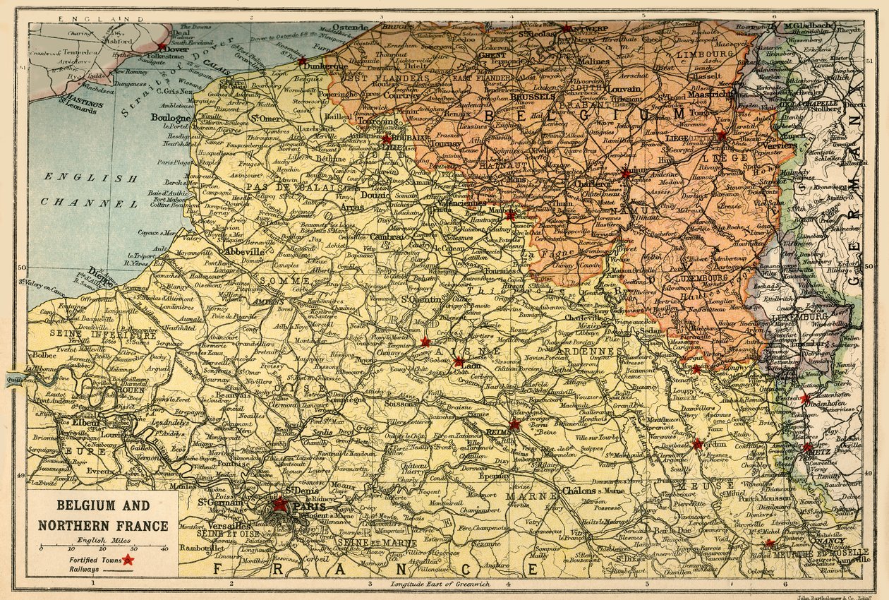 Mapa Belgii i północnej Francji, ok. 1914, ok. 1920. autorstwa John Bartholomew and Son