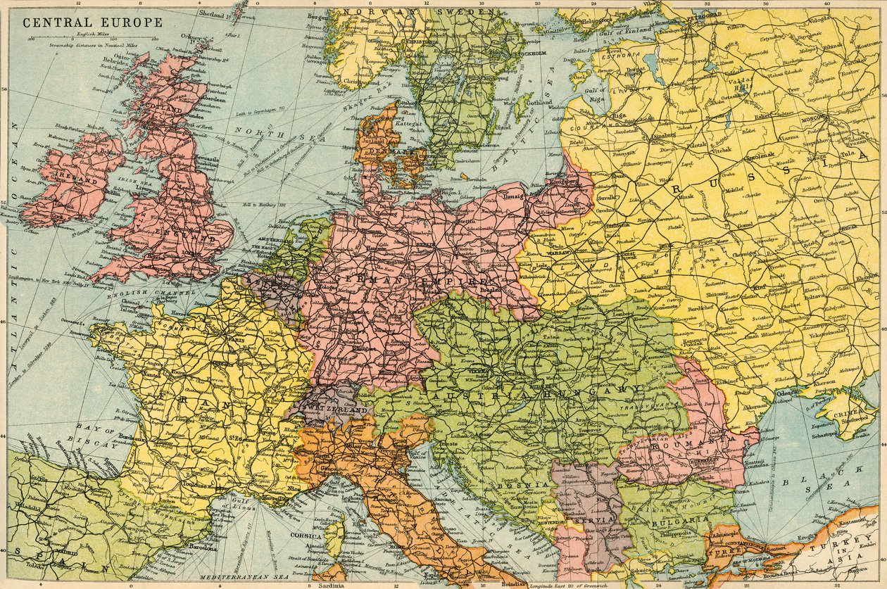 Mapa Europy Środkowej, ok. 1914. autorstwa John Bartholomew and Son