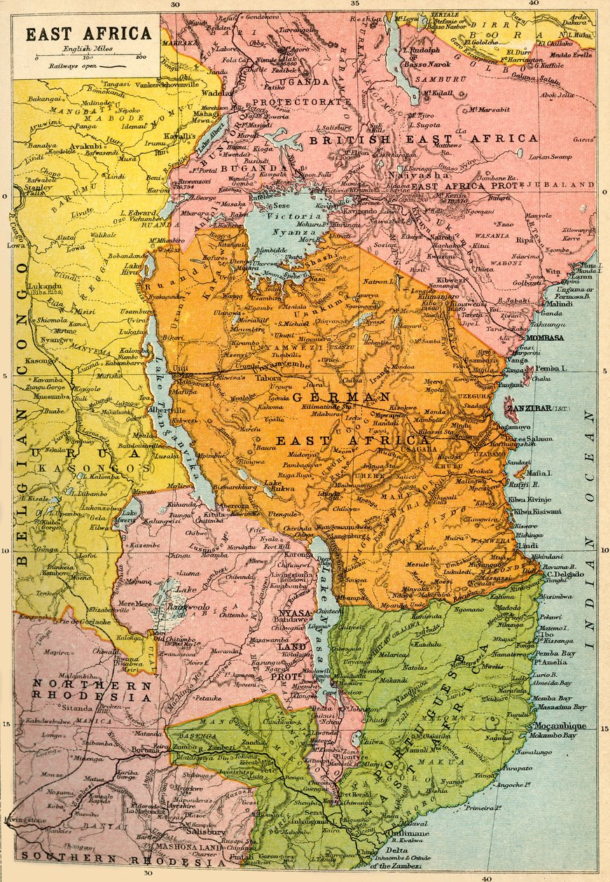 Mapa Afryki Wschodniej, I wojna światowa, ok. 1920 r. autorstwa John Bartholomew and Son