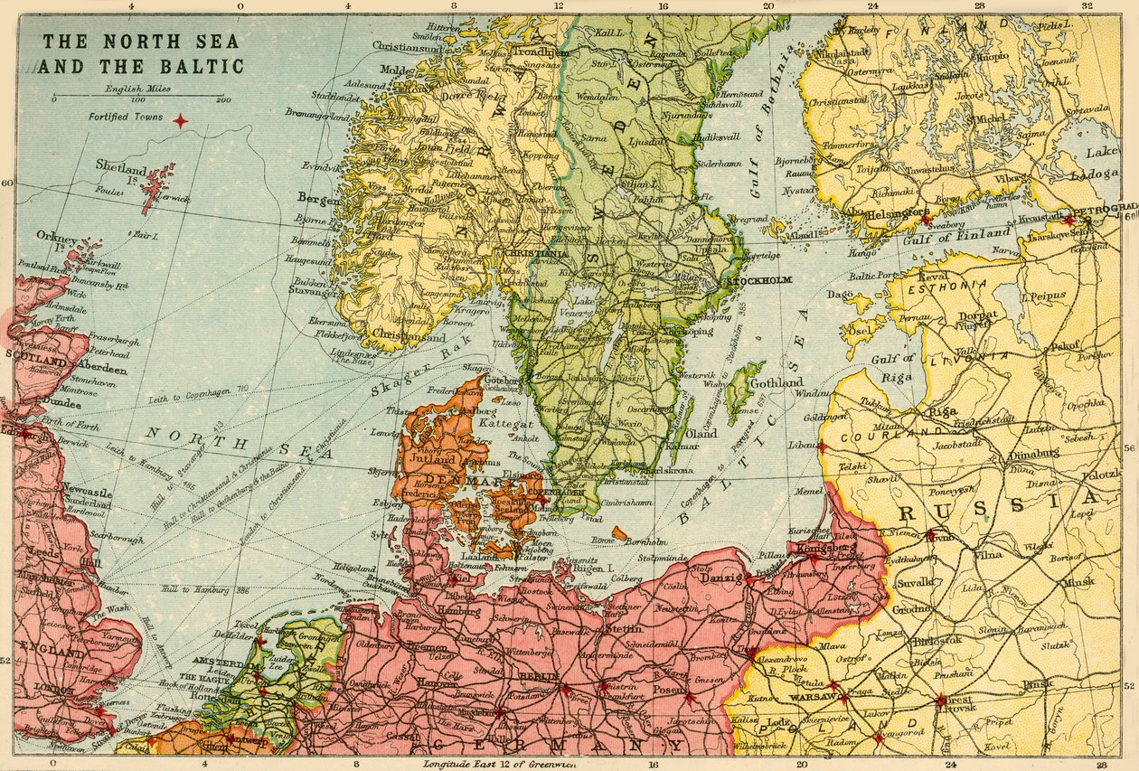 Mapa Morza Północnego i Bałtyku, ok. 1914, ok. 1920. autorstwa John Bartholomew and Son