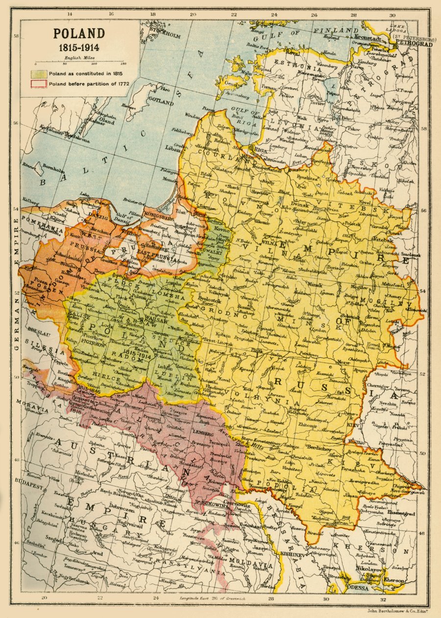 Polska, 1815-1914, ok. 1920. autorstwa John Bartholomew and Son