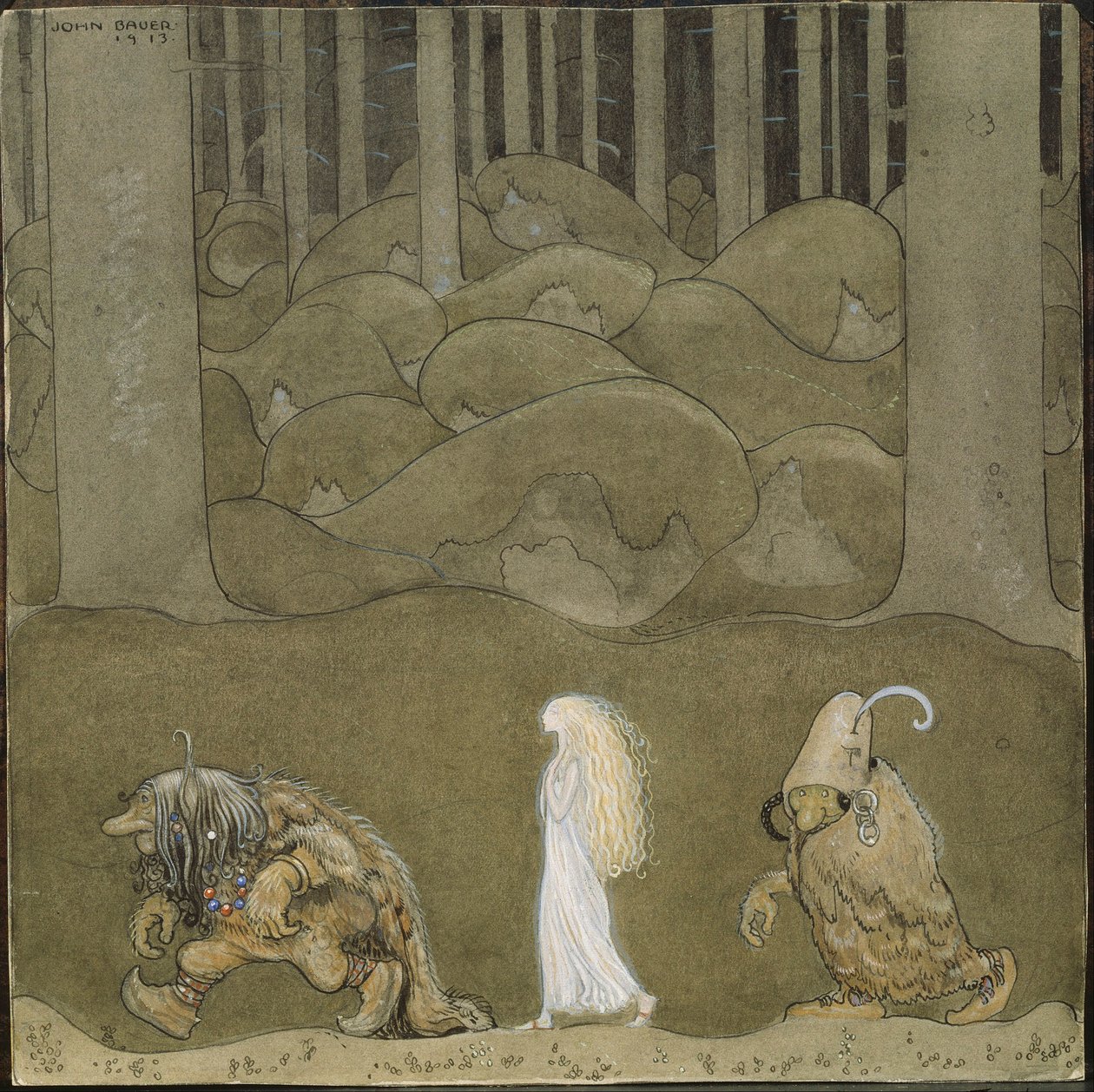 La Princesse et les trols - Księżniczka i trolle - Bauer, John (1882-1918) - 1913 - Akwarela, gwasz na papierze - 25x25 - Muzeum Narodowe w Sztokholmie autorstwa John Bauer