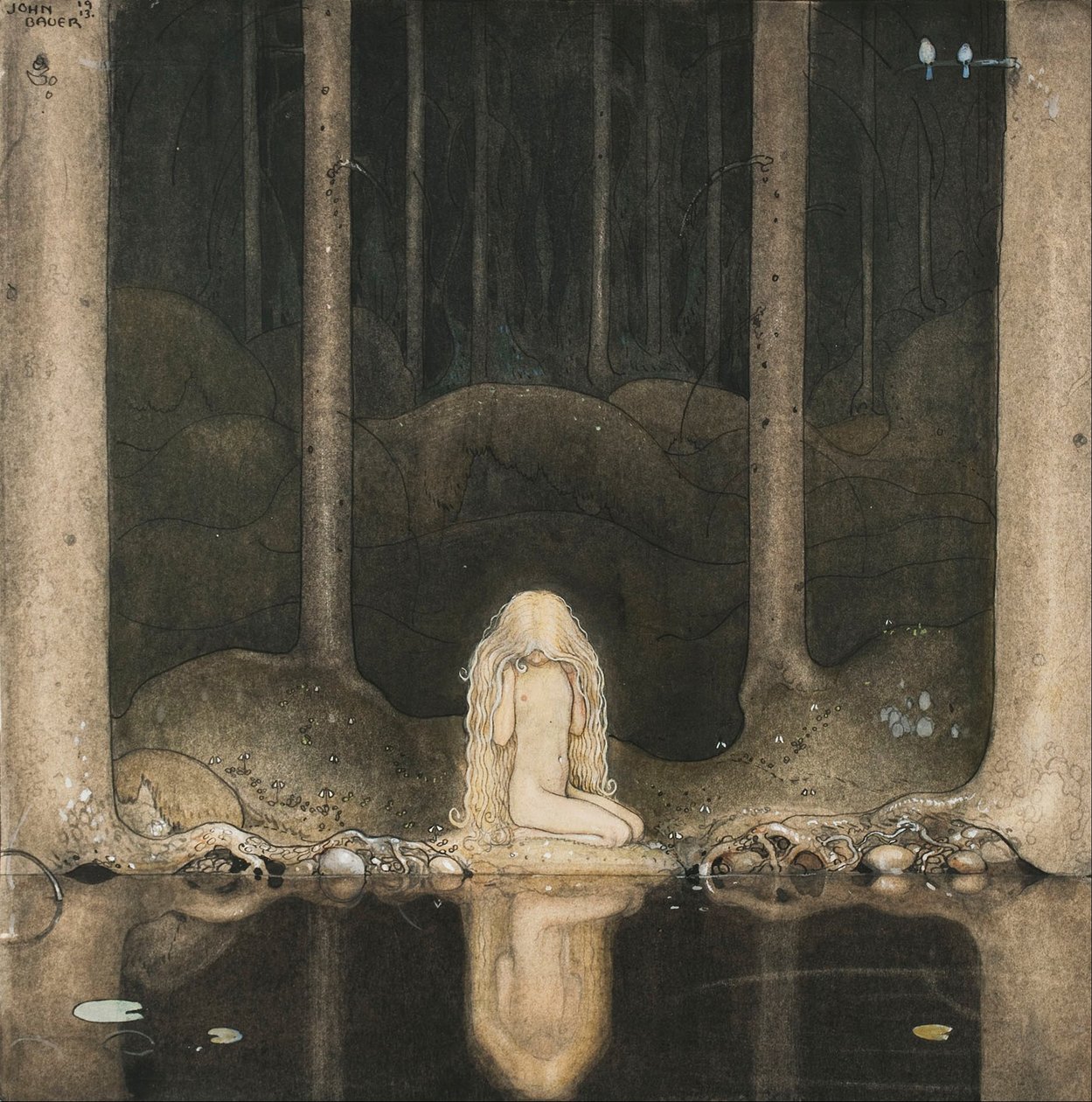 Księżniczka Tuvstarr wciąż siedzi i tęsknie wpatruje się w wodę, 1913 autorstwa John Bauer