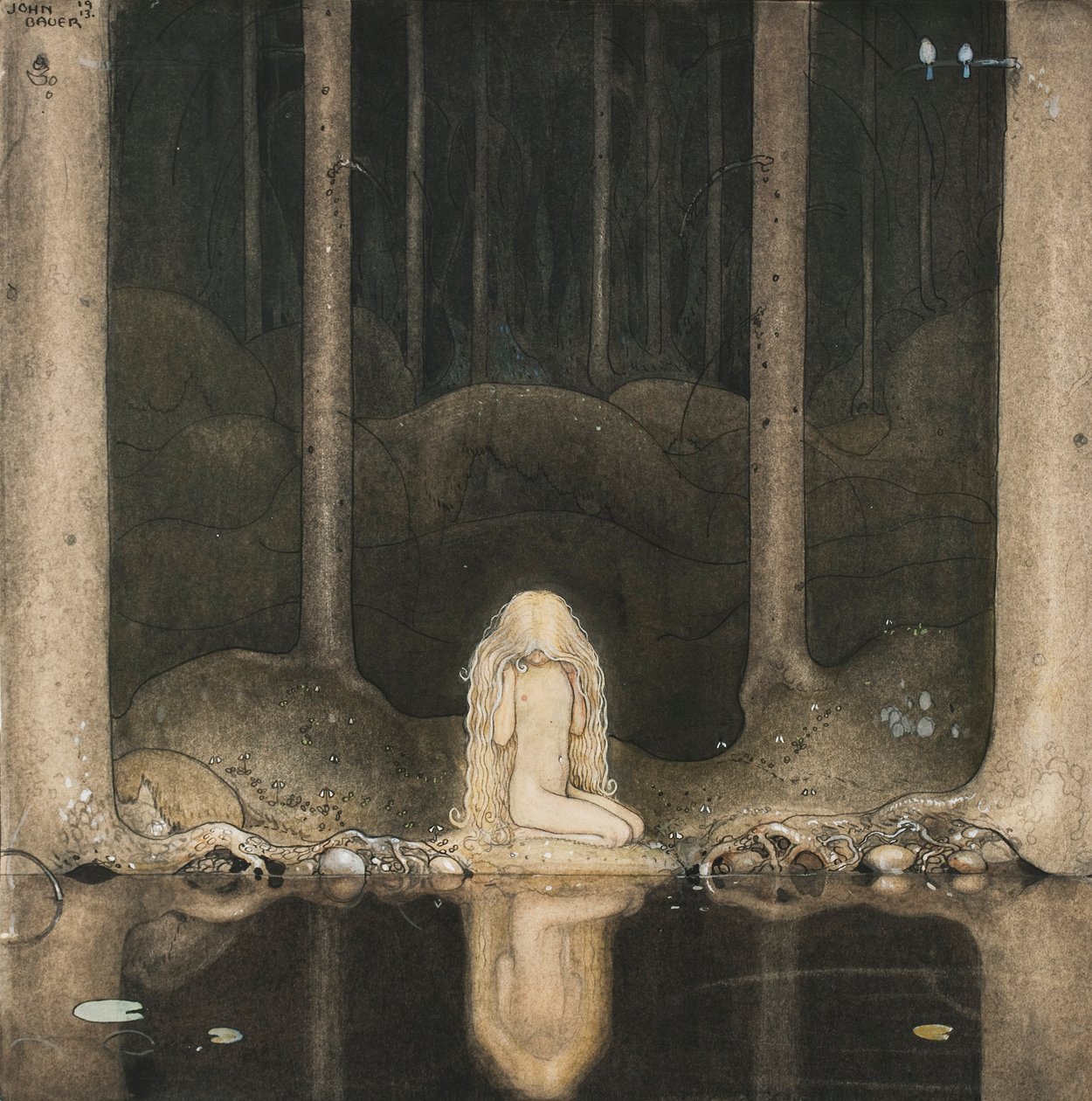  Tuvstarr wciąż siedzi i patrzy w wodę z utęsknieniem. autorstwa John Bauer