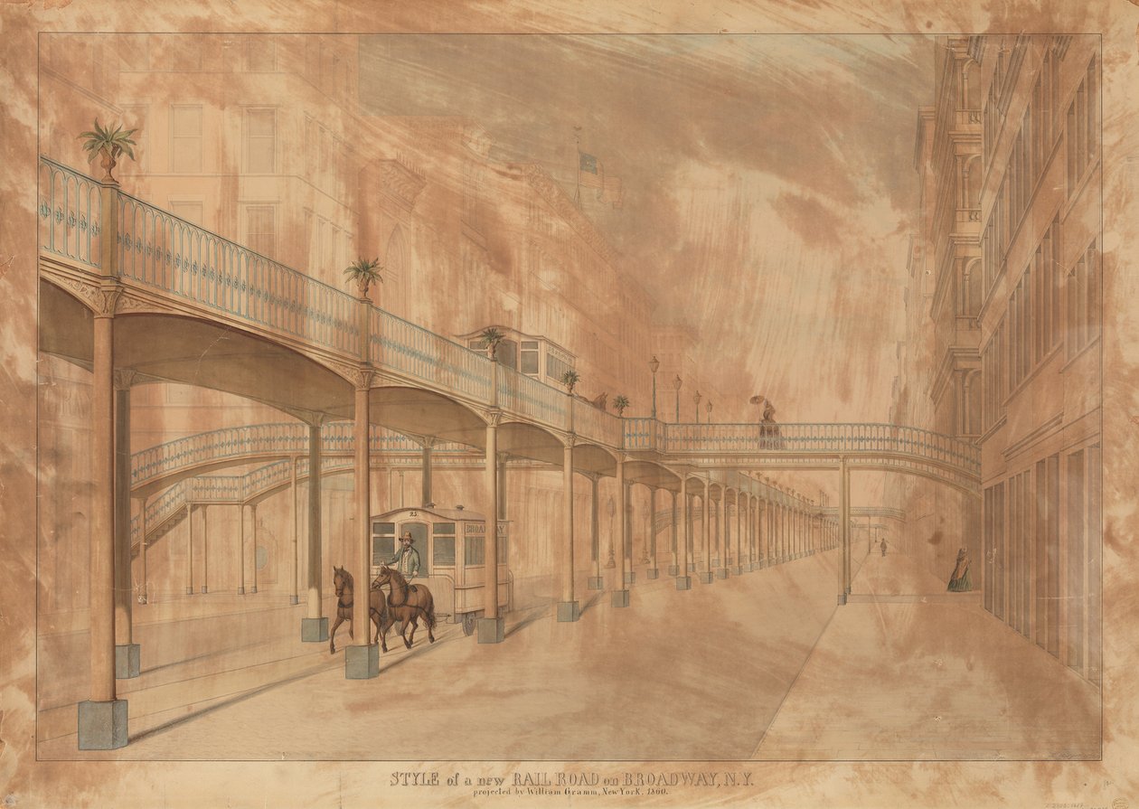 Podwyższona kolej, Broadway, Nowy Jork, 1861. autorstwa John Beigel