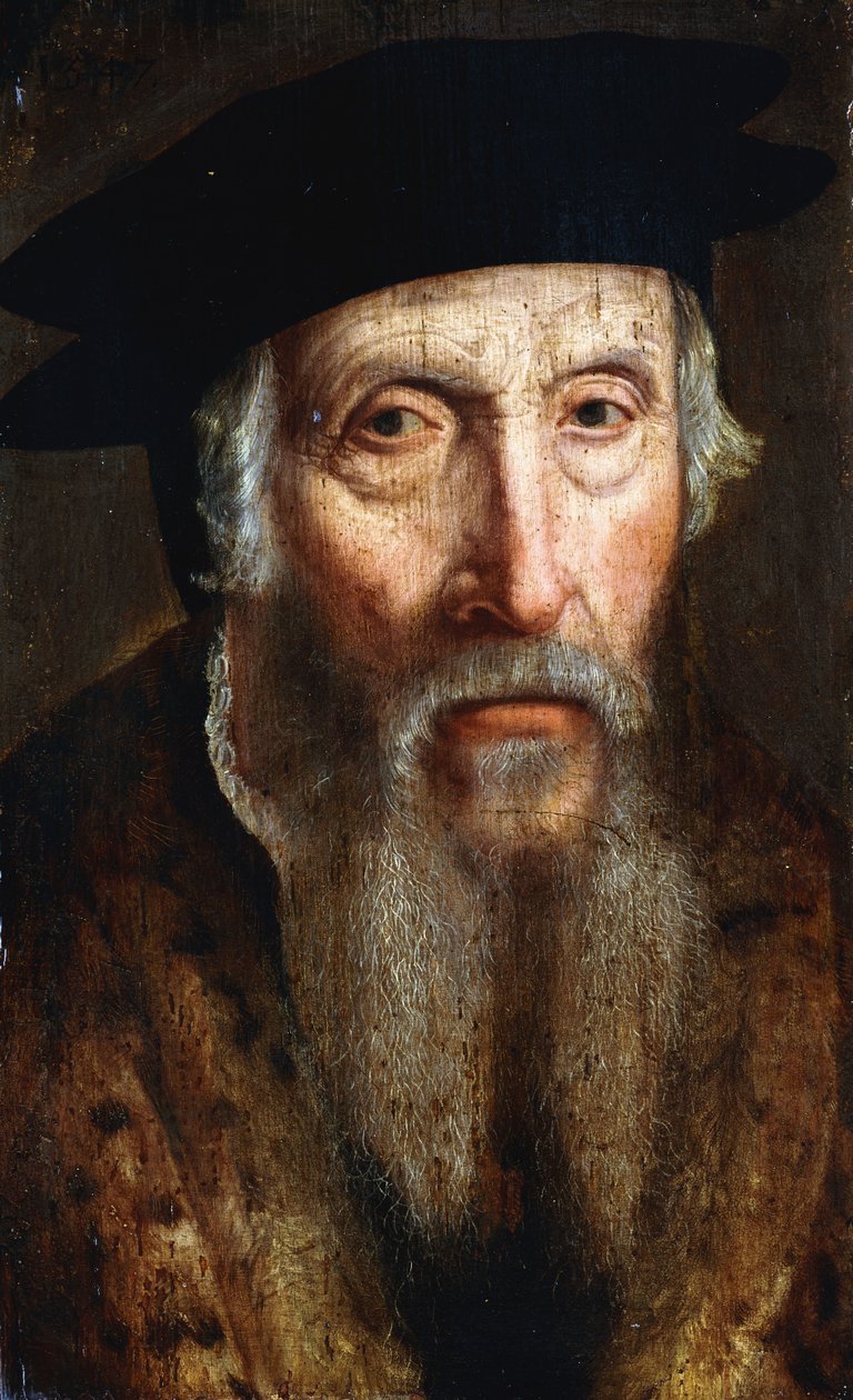 Portret brodatego mężczyzny, długość biustu, w futrzanym płaszczu i czarnym kapeluszu, ok.1547 autorstwa John Bettes