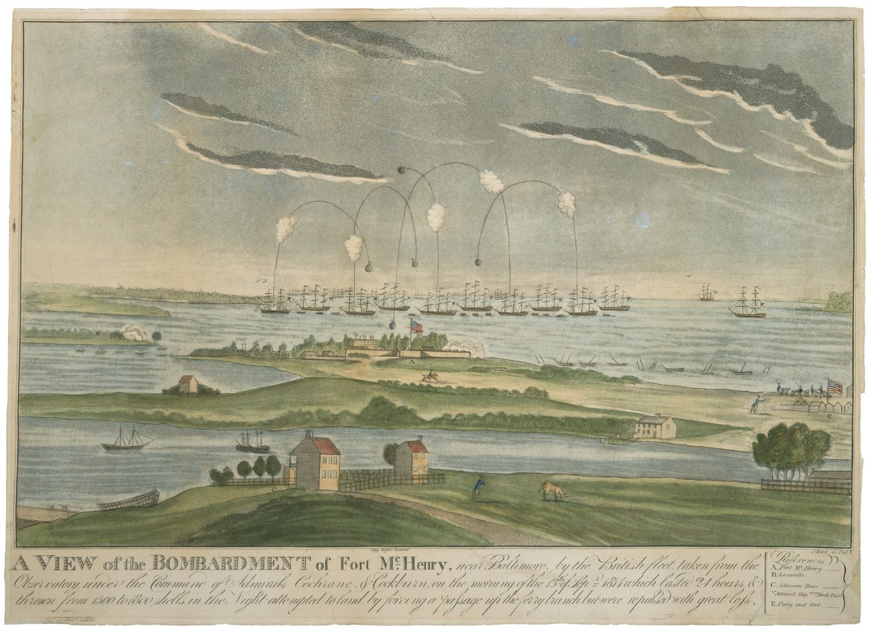 Widok bombardowania Fort McHenry, ok. 1930 r. 1815 (akwatinta ręcznie kolorowana na papierze tkanym) autorstwa John Bower