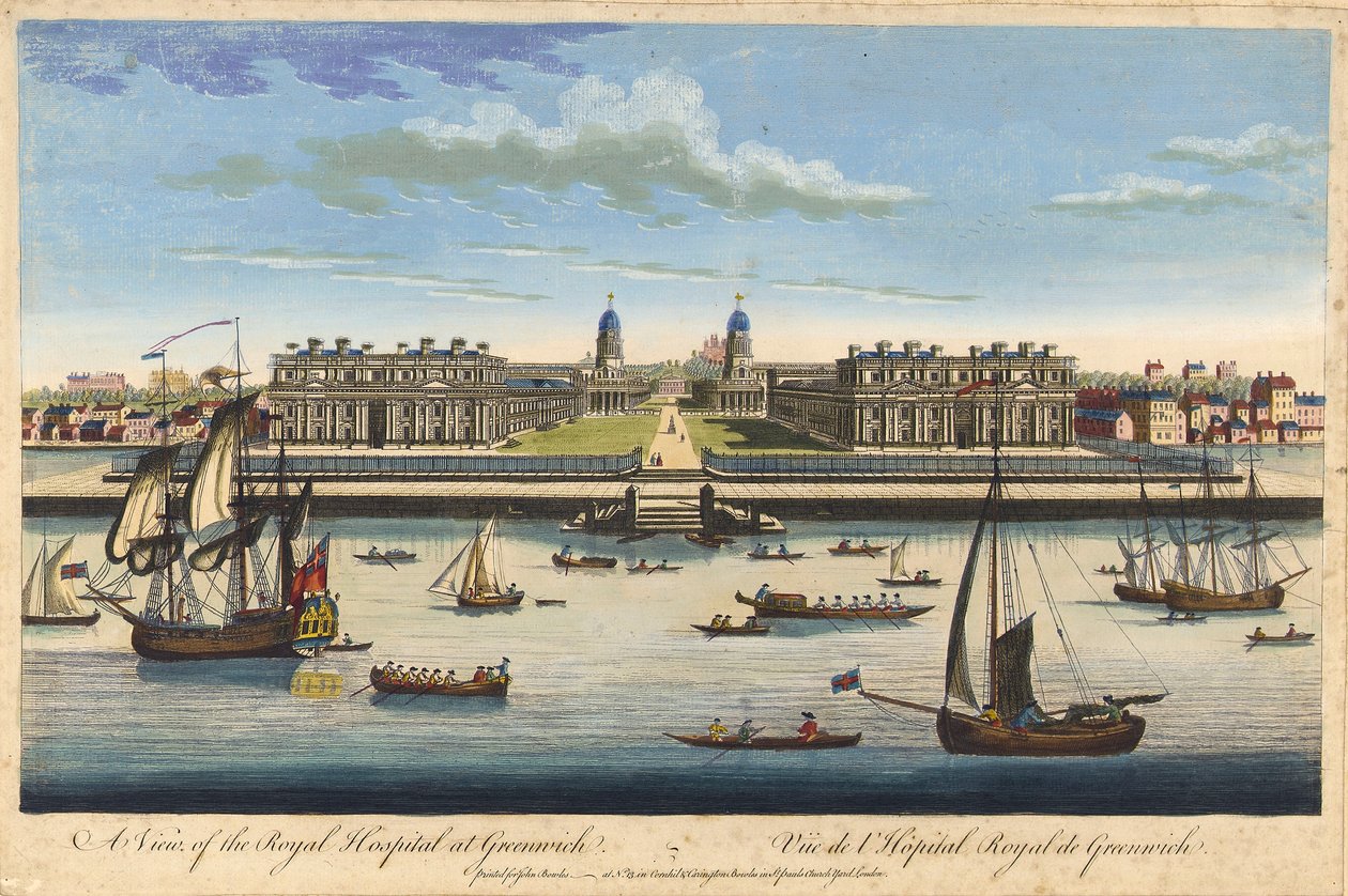 Widok Królewskiego Szpitala w Greenwich, ok. 1770 r. (akwaforta barwna) autorstwa John Bowles