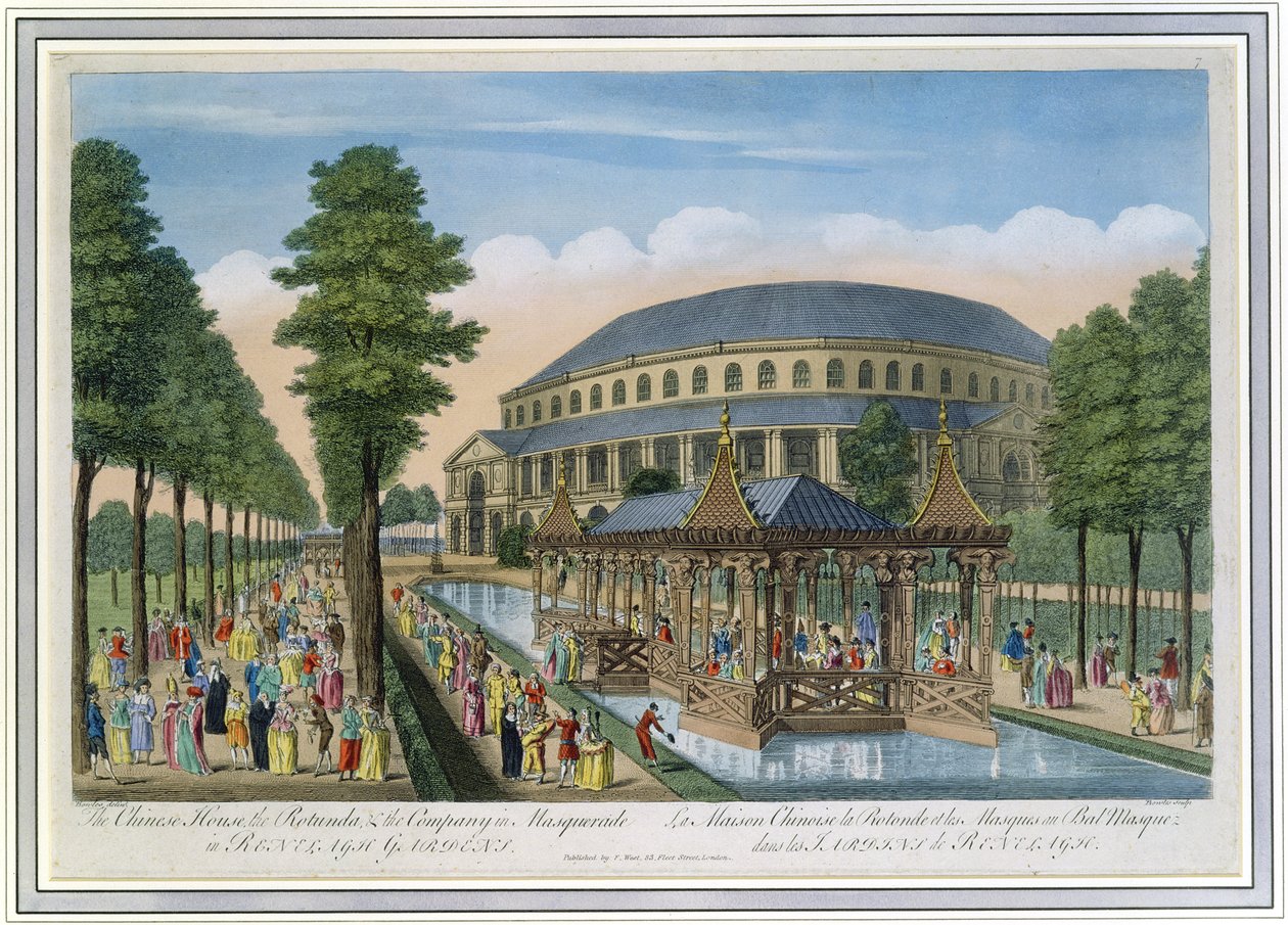 Domek Chiński, Rotunda i Kompania w Maskaradzie w Ogrodach Ranelagh (akwatinta barwna) autorstwa John Bowles