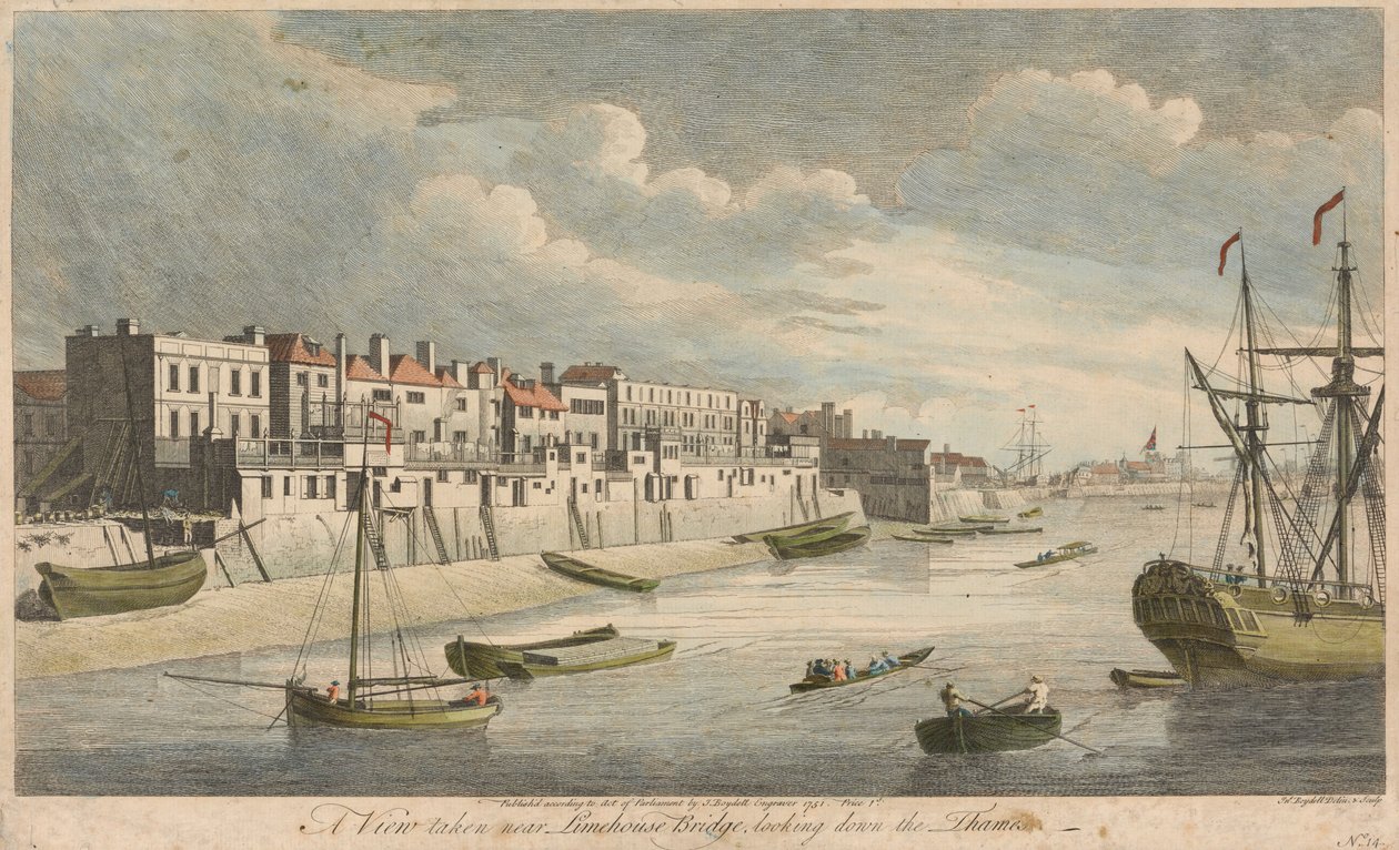 Widok wykonany w pobliżu Limehouse Bridge, w dół Tamizy autorstwa John Boydell