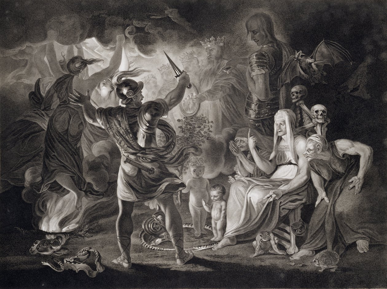 Makbet, trzy czarownice i Hekate w akcie IV, scena I „Makbeta” Williama Szekspira (1564-1616) opublikowana w 1805 r. autorstwa John Boydell