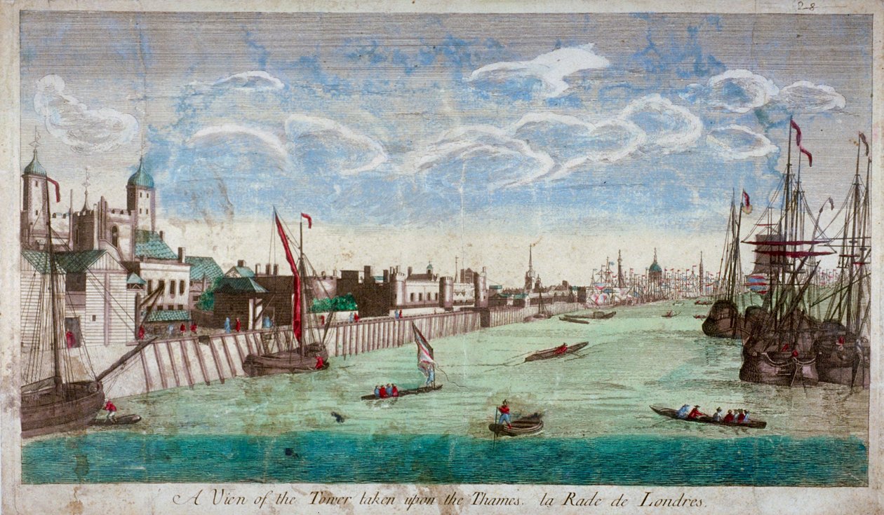 Widok na Tower of London z łodziami na Tamizie, 1751 autorstwa John Boydell
