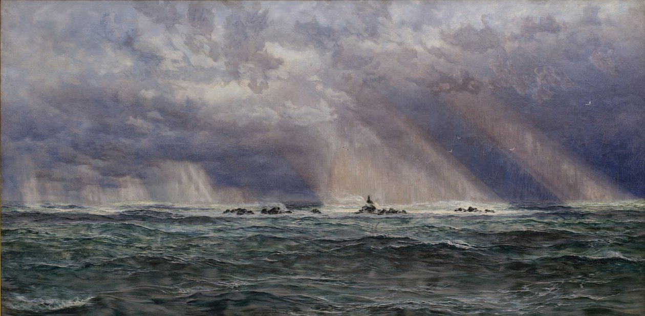 North West Gale przy latarni morskiej Longships, 1873. autorstwa John Brett