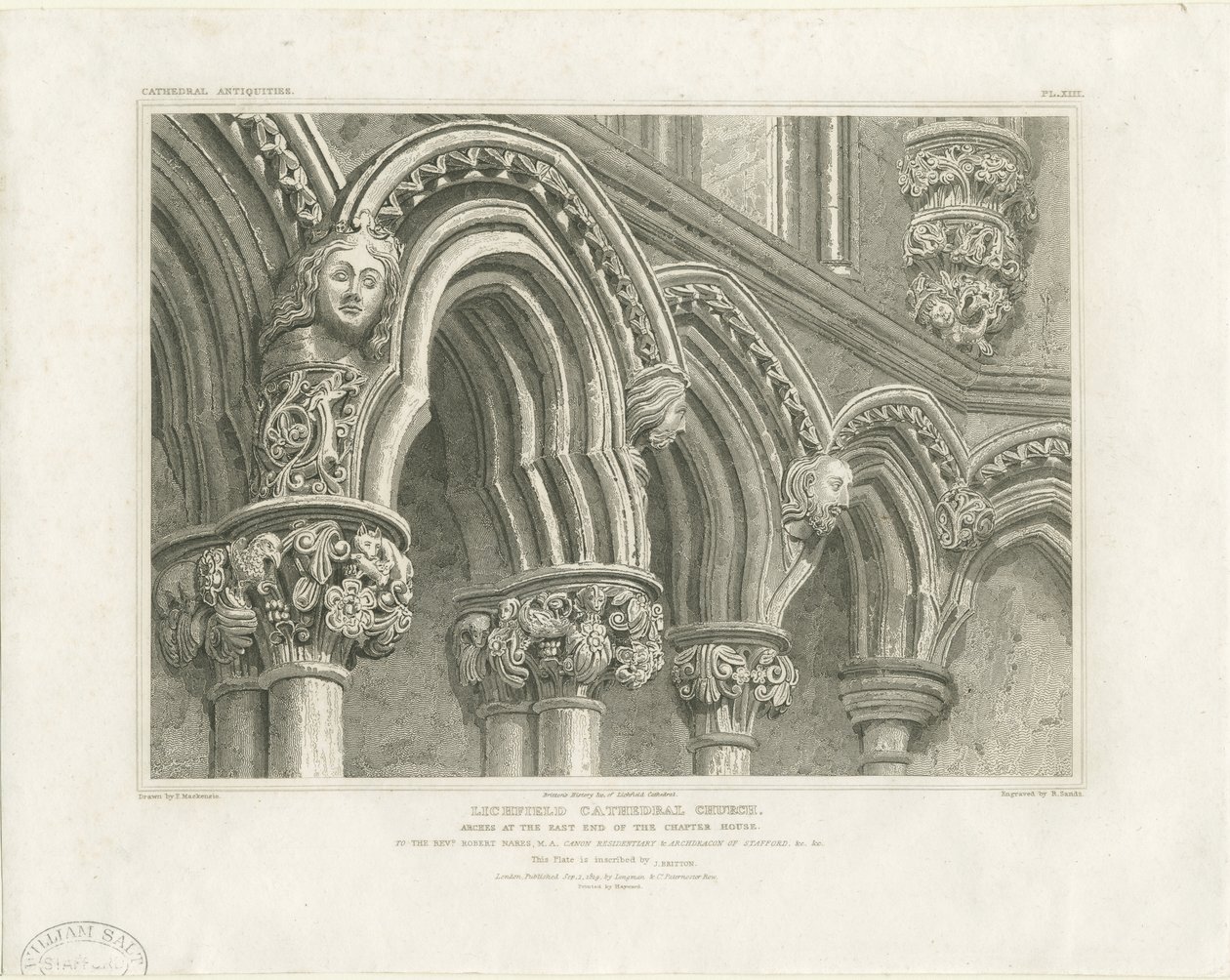 Wnętrze katedry w Lichfield - Łuki w kapitule: rycina, bd [c 1819] (druk) autorstwa John Britton