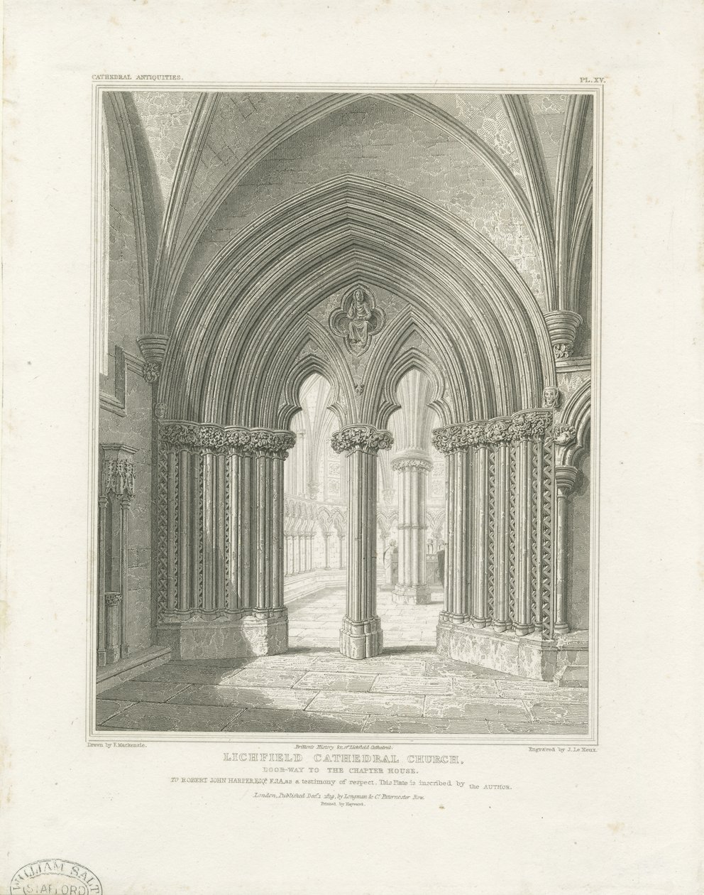 Wnętrze katedry w Lichfield - wejście do kapitularza: grawerowanie, bd [ok. 1819] (druk) autorstwa John Britton