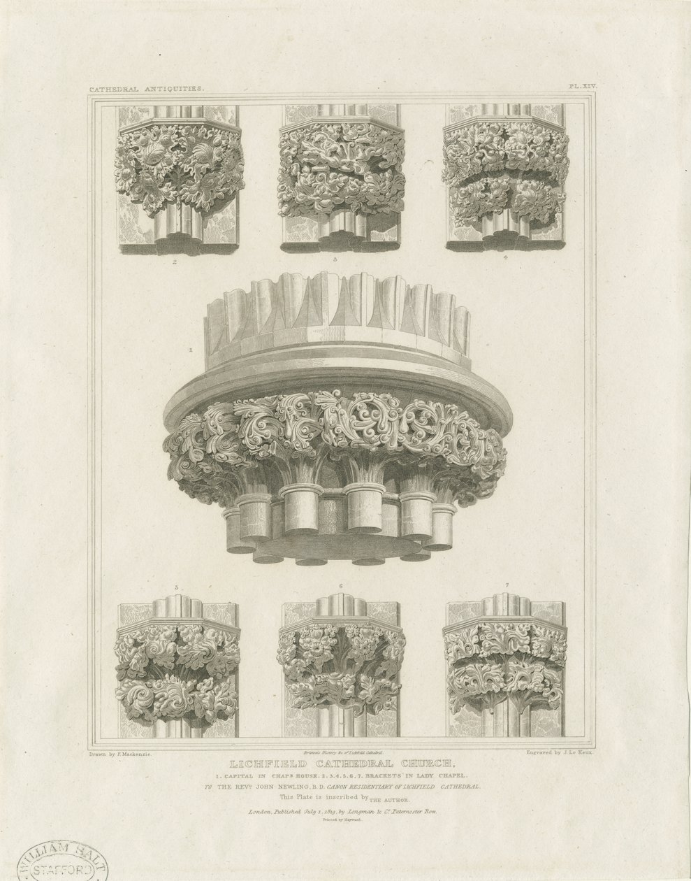 Wnętrze katedry w Lichfield - filar gromady w kapitularzu i wsporniki w kaplicy Lady: grawerowanie, bd [ok. 1819] (druk) autorstwa John Britton