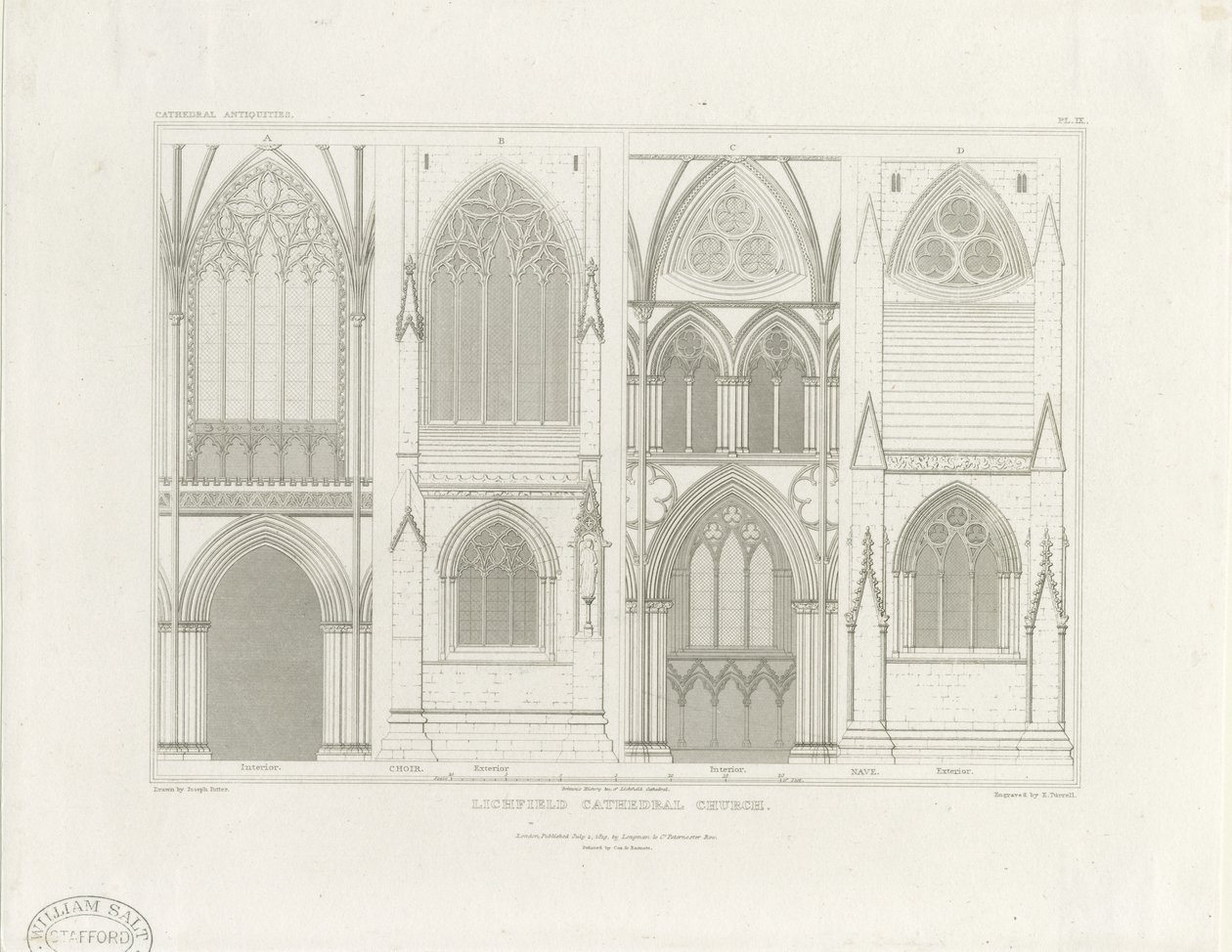 Wnętrze katedry w Lichfield - Nawa i chór: rycina, bd [c 1819] (druk) autorstwa John Britton
