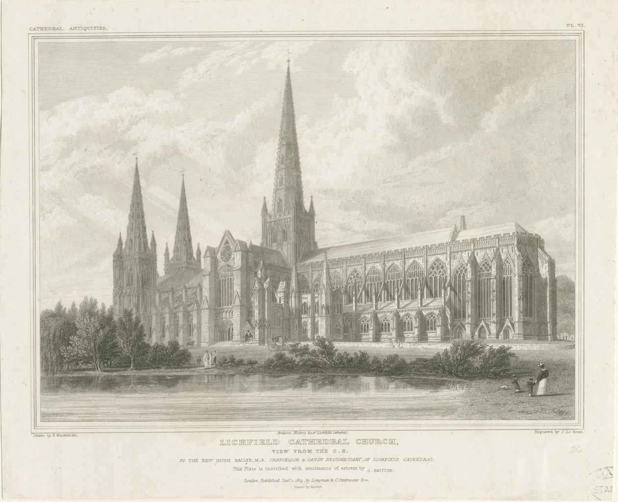 Katedra w Lichfield - widok na południowy wschód: grawerowanie, nd [?1819] (druk) autorstwa John Britton
