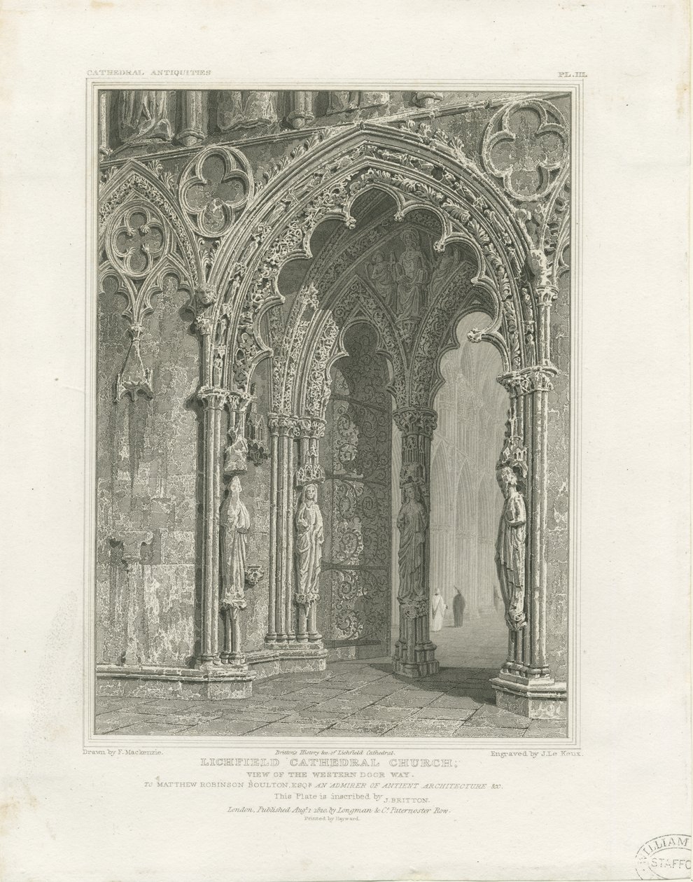 Katedra w Lichfield - Zachodnie drzwi: grawerowanie i [ok. 1820] autorstwa John Britton