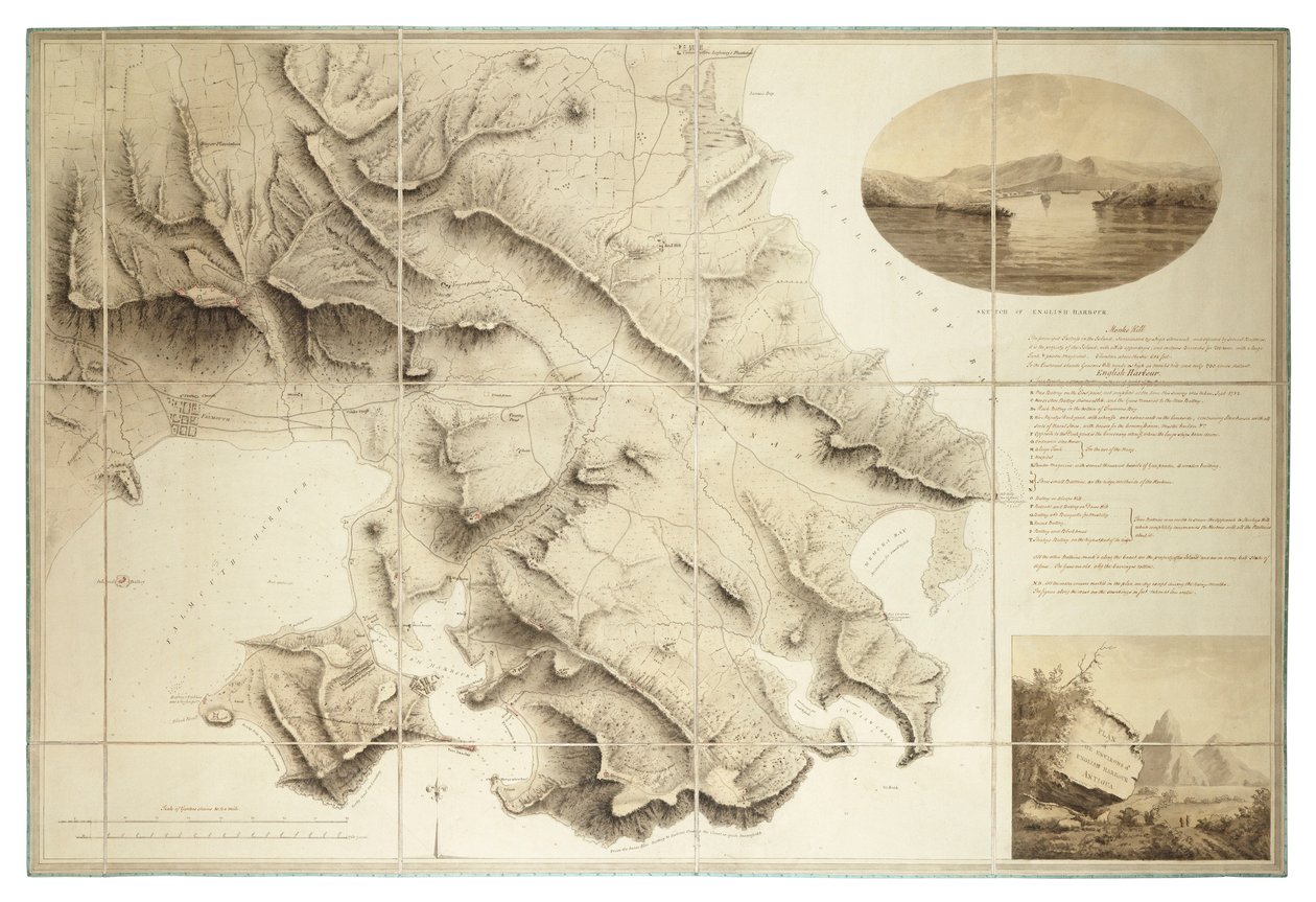 Plan okolic English Harbour, Antigua, ok. 1782 r. (tusz i pył, segmenty i tło) autorstwa John Brown