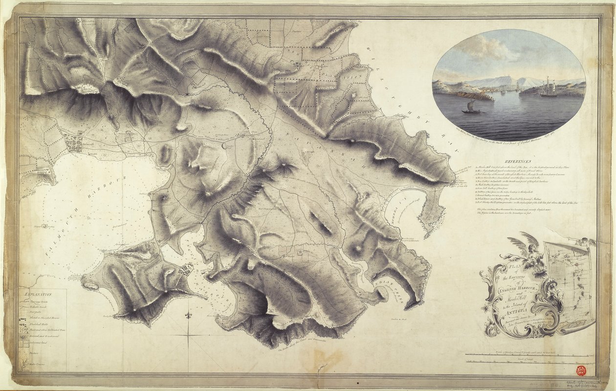Plan okolic English Harbour i Monks Hill na wyspie Antigua, opracowany i narysowany przez Johna Browna, geodetę i rysownika armii w Indiach Zachodnich autorstwa John Brown