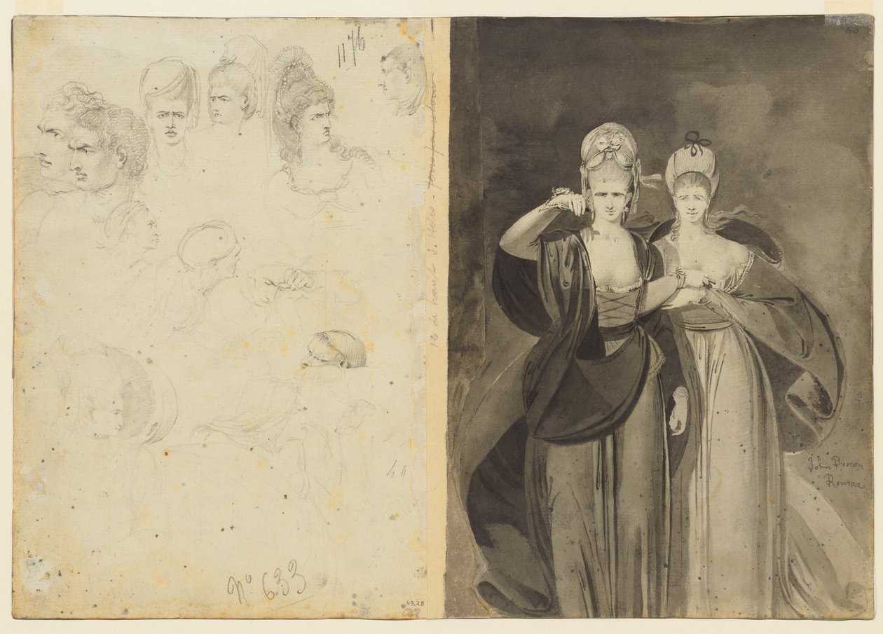 Szkice głów verso, po lewej, Dwie kobiety verso, po prawej, c. 1770-1775. autorstwa John Brown