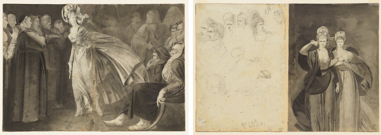 Kobieta stojąca wśród braci (recto) Szkice głów (odwrócona, po lewej); Dwie kobiety (verso, po prawej) autorstwa John Brown