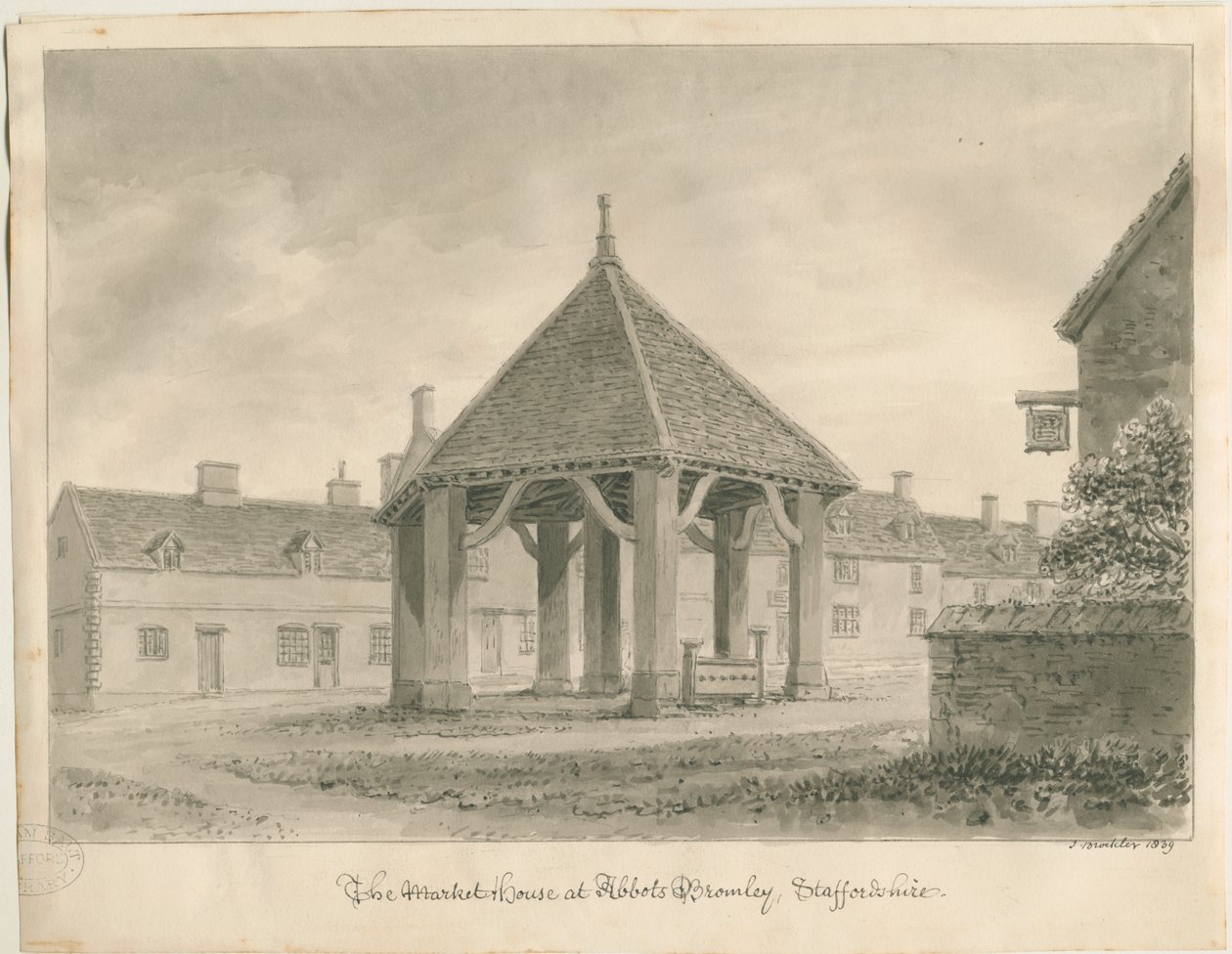 Abbots Bromley - Market House and Stocks: sepia rysunek, 1839 autorstwa John Buckler