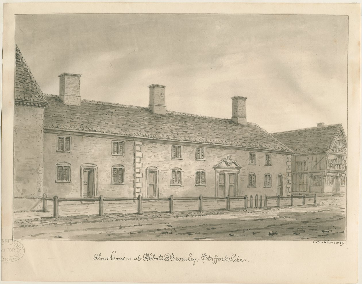 Opaci Bromley Almshouses: sepia rysunek autorstwa John Buckler