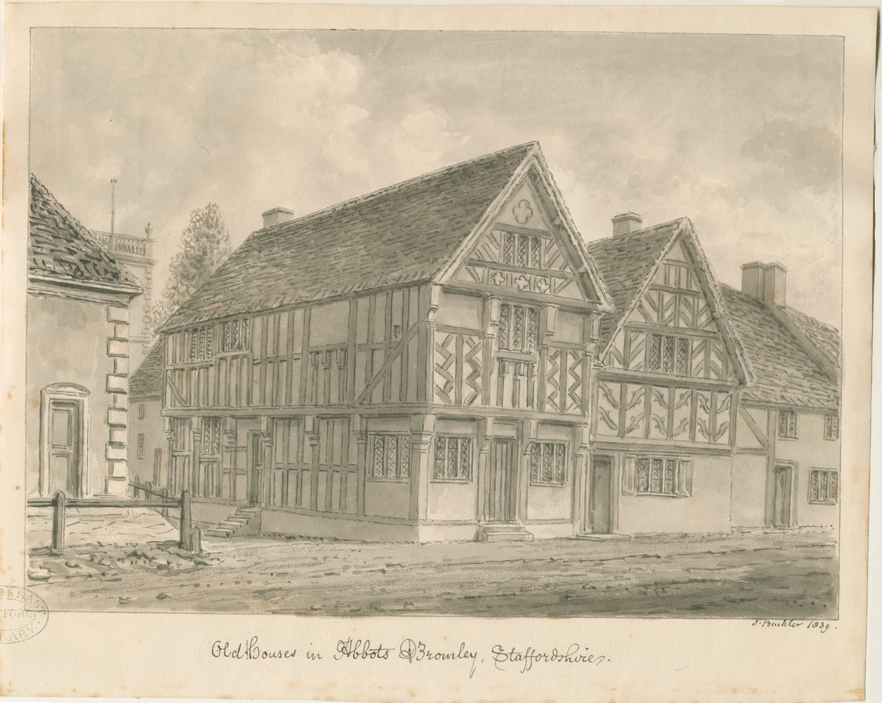 Abbots Bromley Old Houses: rysunek w sepii, 1839 autorstwa John Buckler