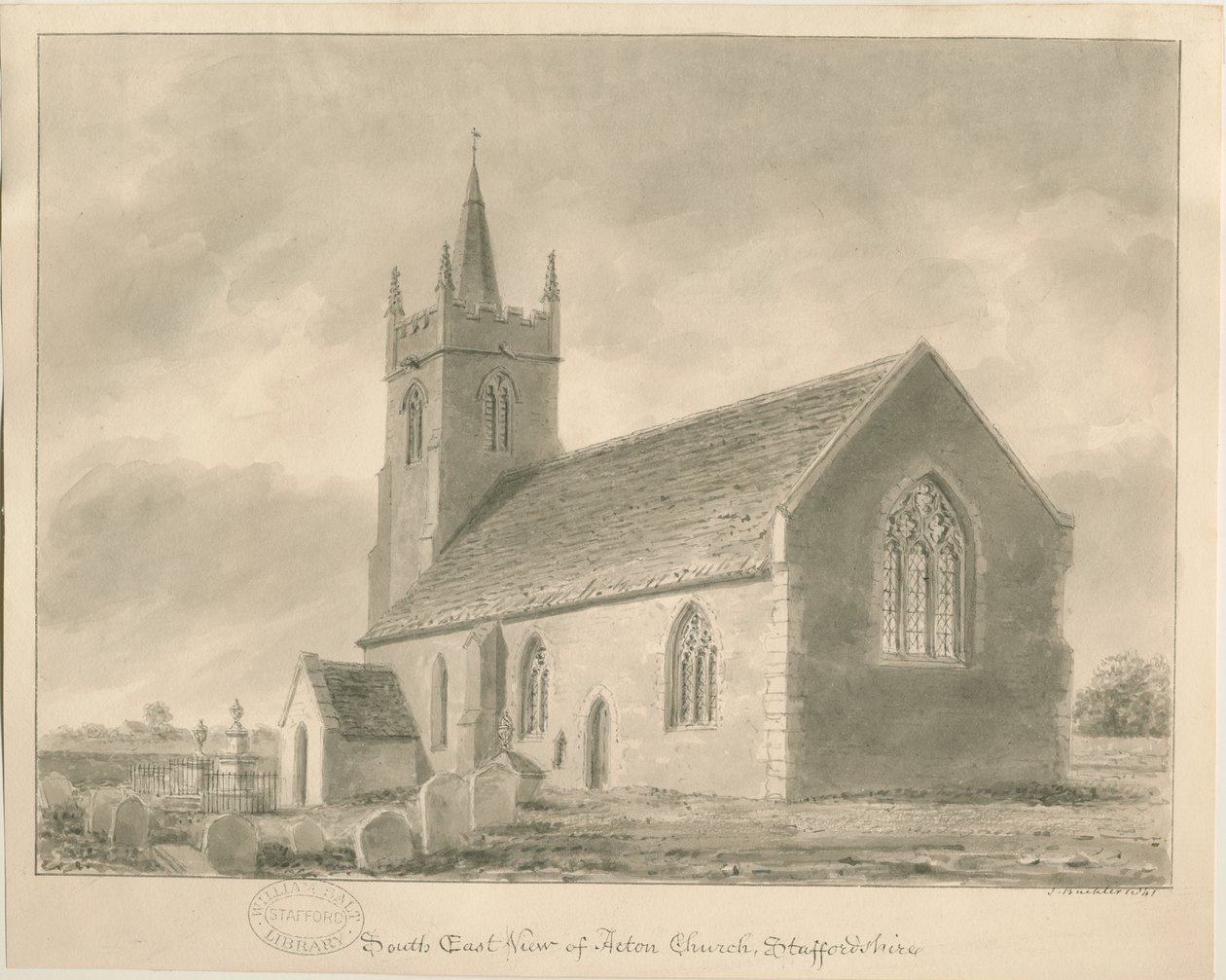 Kościół Acton Trussell: rysunek w sepii, 1841 autorstwa John Buckler