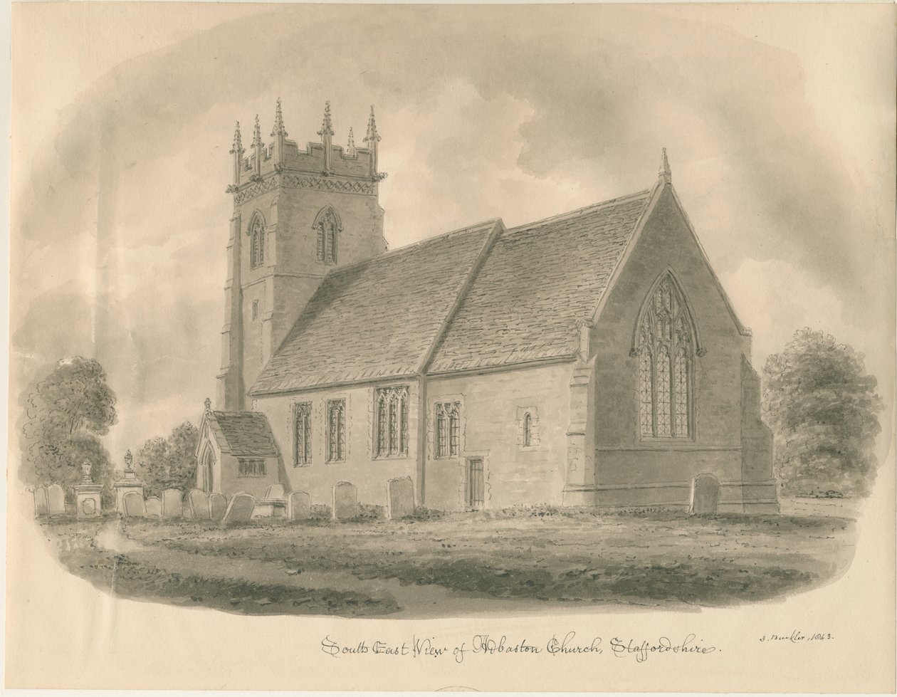 Kościół Adbaston: rysunek w sepii, 1843 autorstwa John Buckler