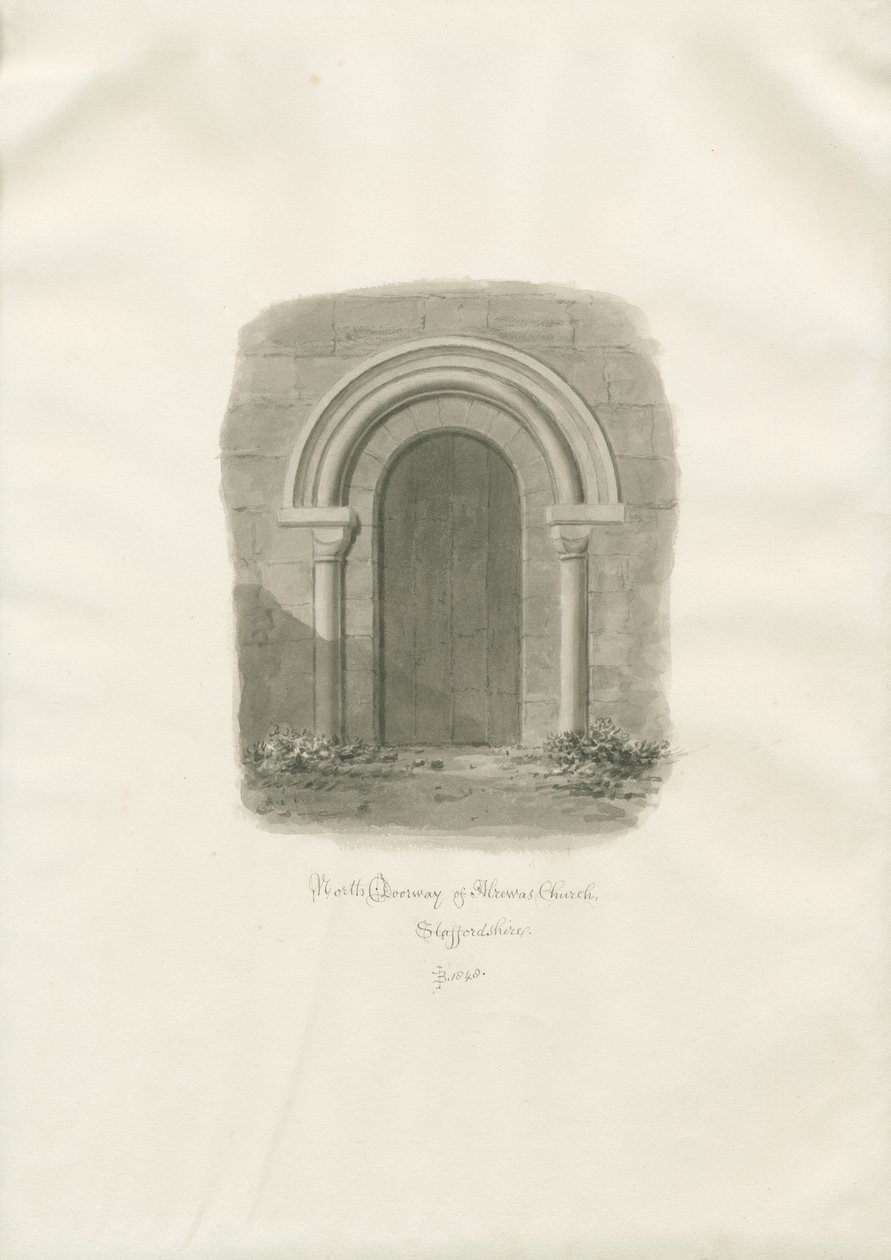 Alrewas Church - North Doorway: rysunek w sepii autorstwa John Buckler