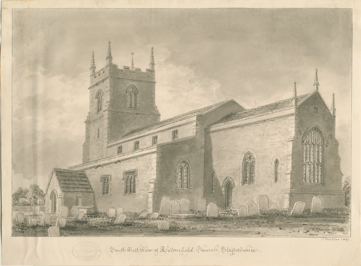 Kościół Alstonfield: rysunek w sepii, 1839 autorstwa John Buckler