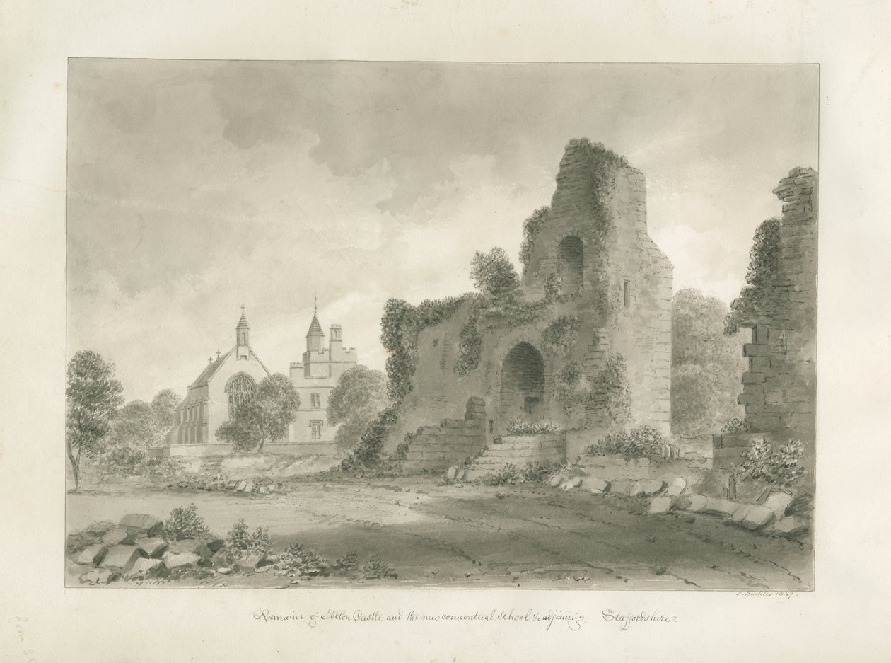 Zamek Alton i „Nowa szkoła konwentualna”: rysunek w sepii, 1847 autorstwa John Buckler