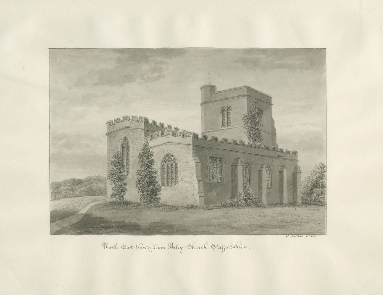 Kościół w Arley: rysunek w sepii, 1846 autorstwa John Buckler