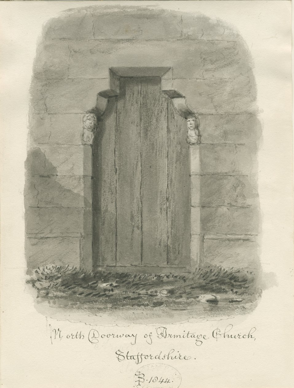 Kościół Armitage - North Doorway: rysunek w sepii autorstwa John Buckler