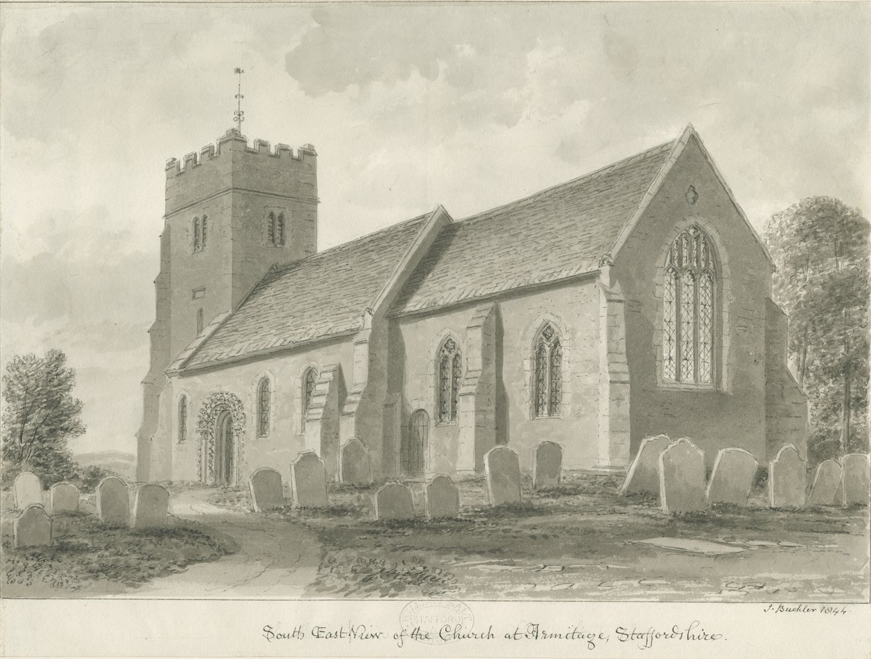 Kościół Armitage: rysunek w sepii, 1844 autorstwa John Buckler