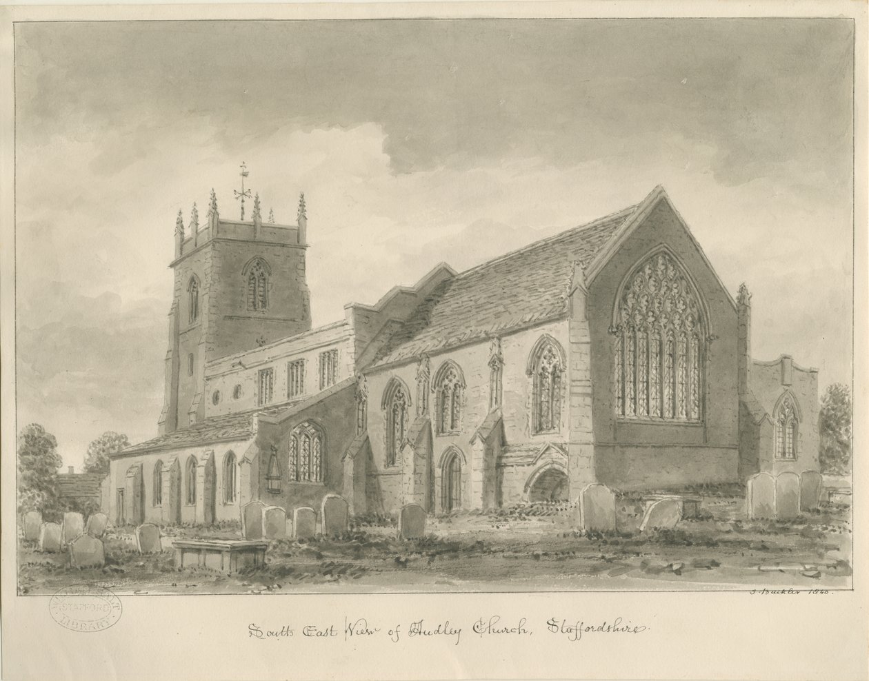 Kościół Audley: rysunek w sepii, 1840 autorstwa John Buckler