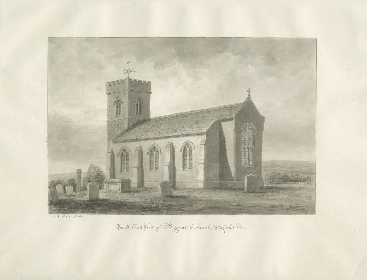 Kościół Bagnall: rysunek w sepii, 1848 autorstwa John Buckler