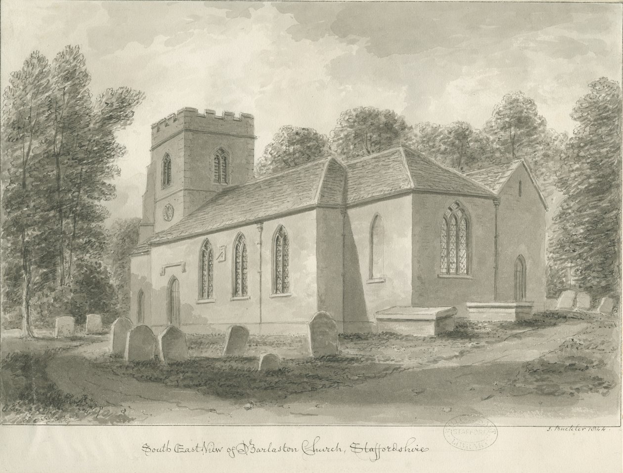 Kościół Barlaston: rysunek w sepii, 1844 autorstwa John Buckler