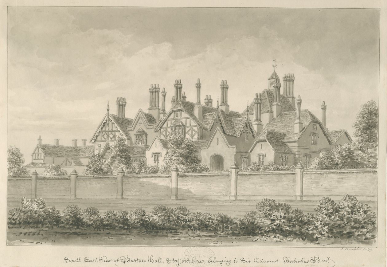 Barton pod Needwood - "Barton Hall" : rysunek w sepii, 1839 autorstwa John Buckler