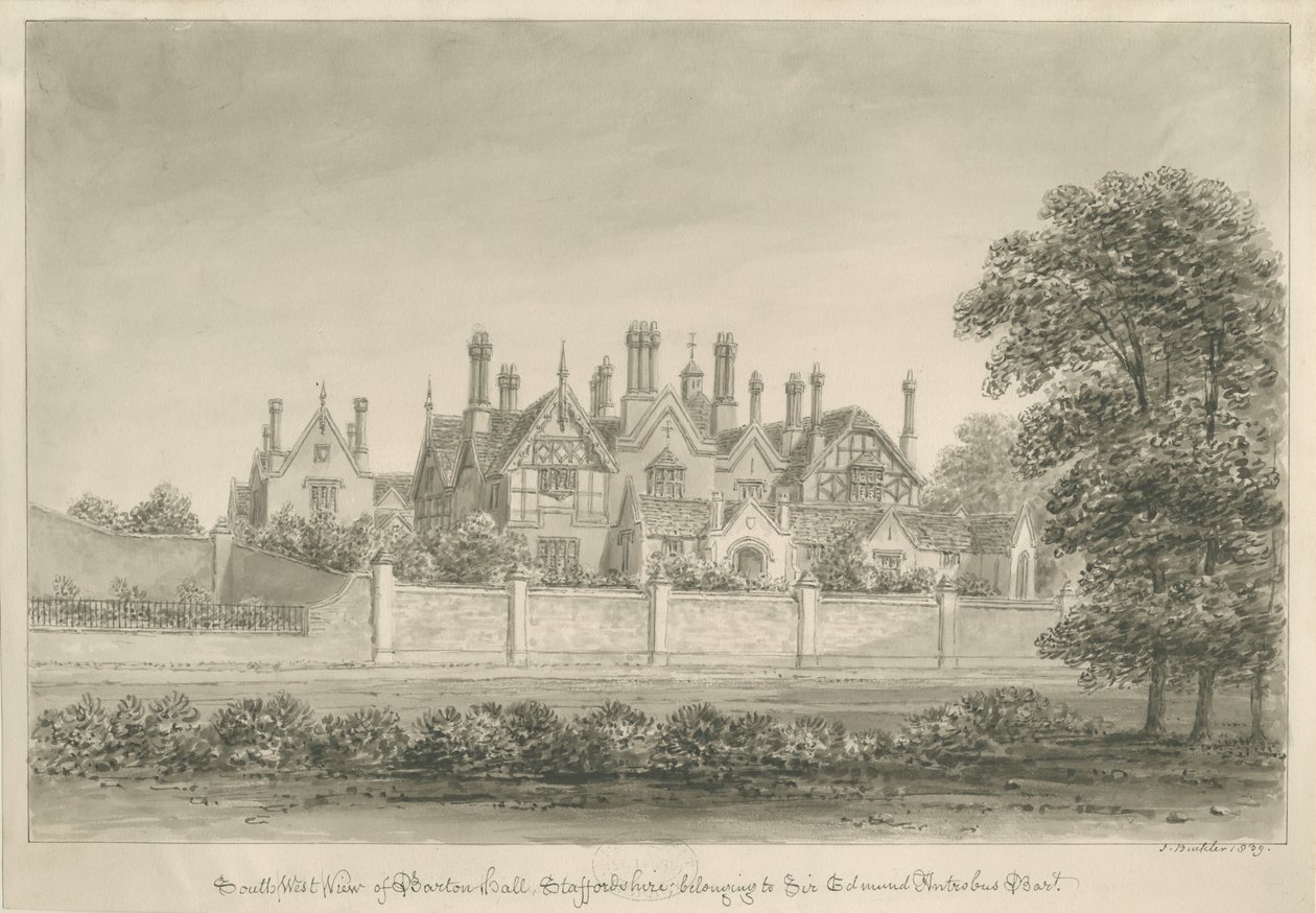 Barton pod Needwood - "Barton Hall" : rysunek w sepii, 1839 autorstwa John Buckler