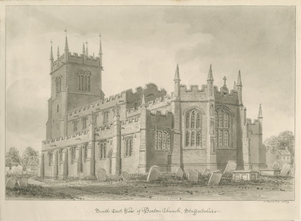Barton pod Needwood Church: rysunek w sepii autorstwa John Buckler