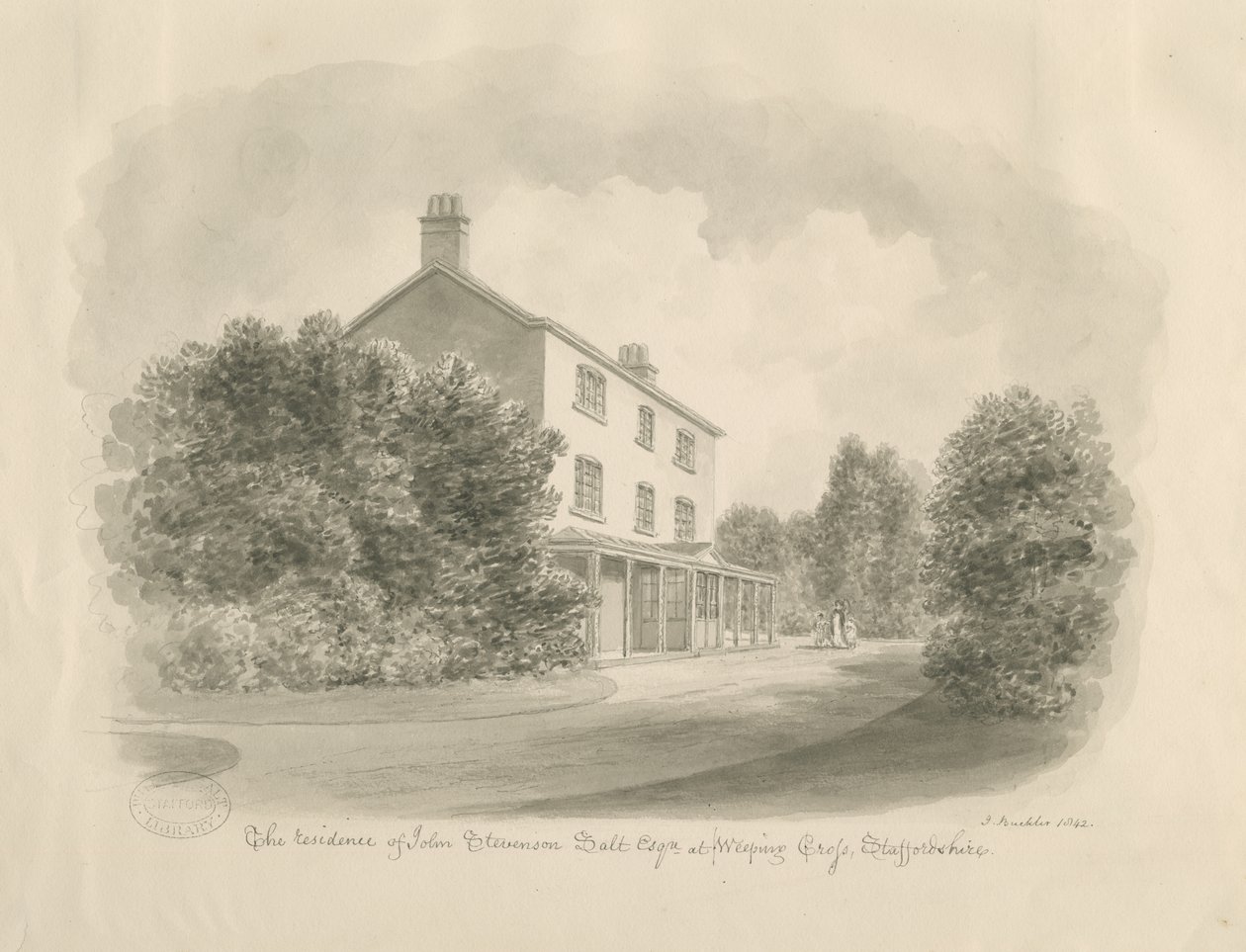 Baswich Village - dom Johna Stevensona Salt, Esq. : rysunek w sepii, 1842 autorstwa John Buckler