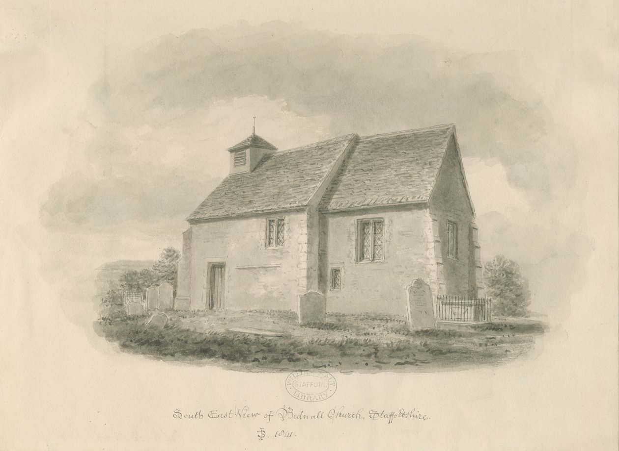 Kościół w Bednall: rysunek w sepii, 1841 autorstwa John Buckler